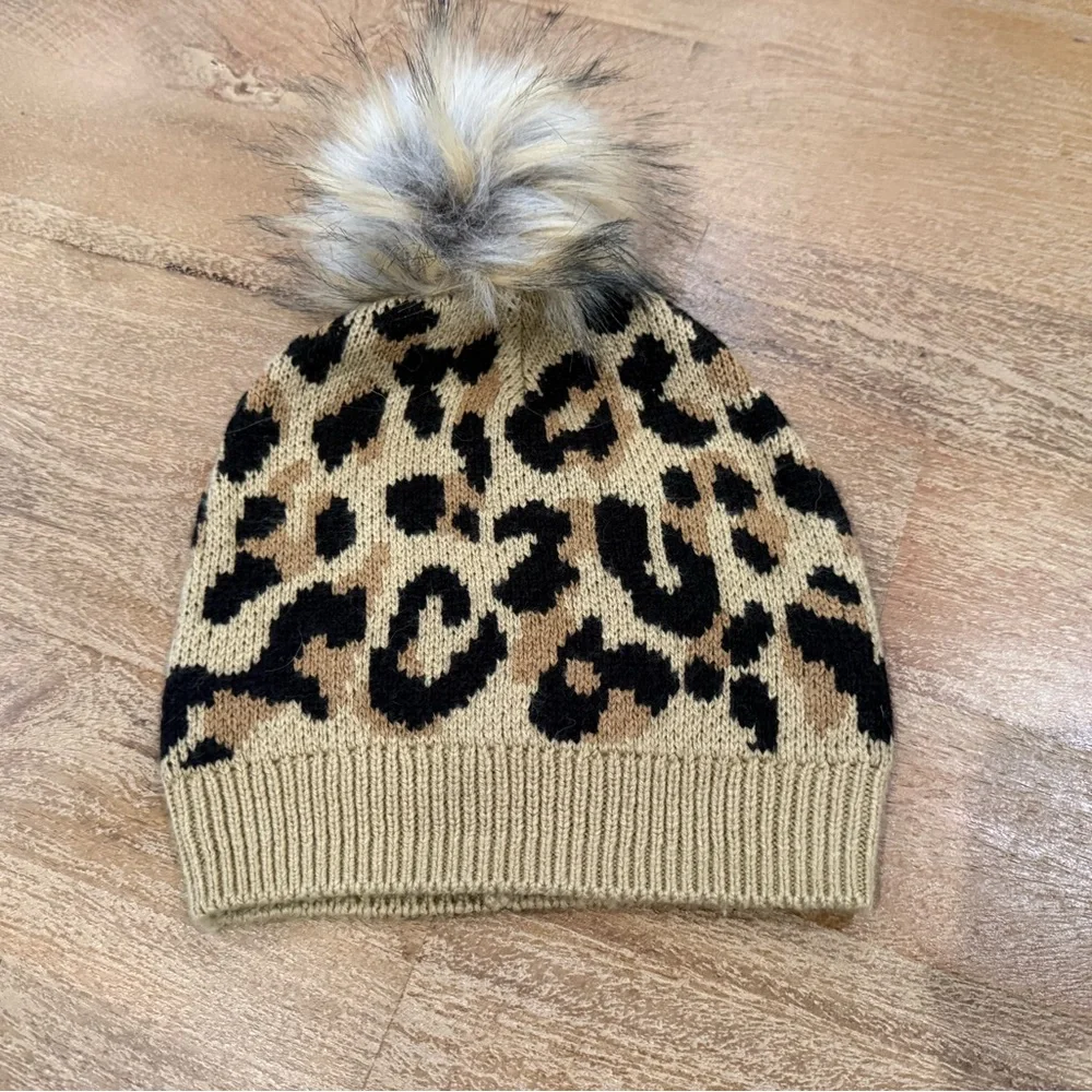 J. Crew Kids Leopard Print Beanie with Pom Pom